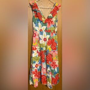 Sugarlips Floral Ruffle V-Neck Sundress in vibrant tropical print, tiered skirt.